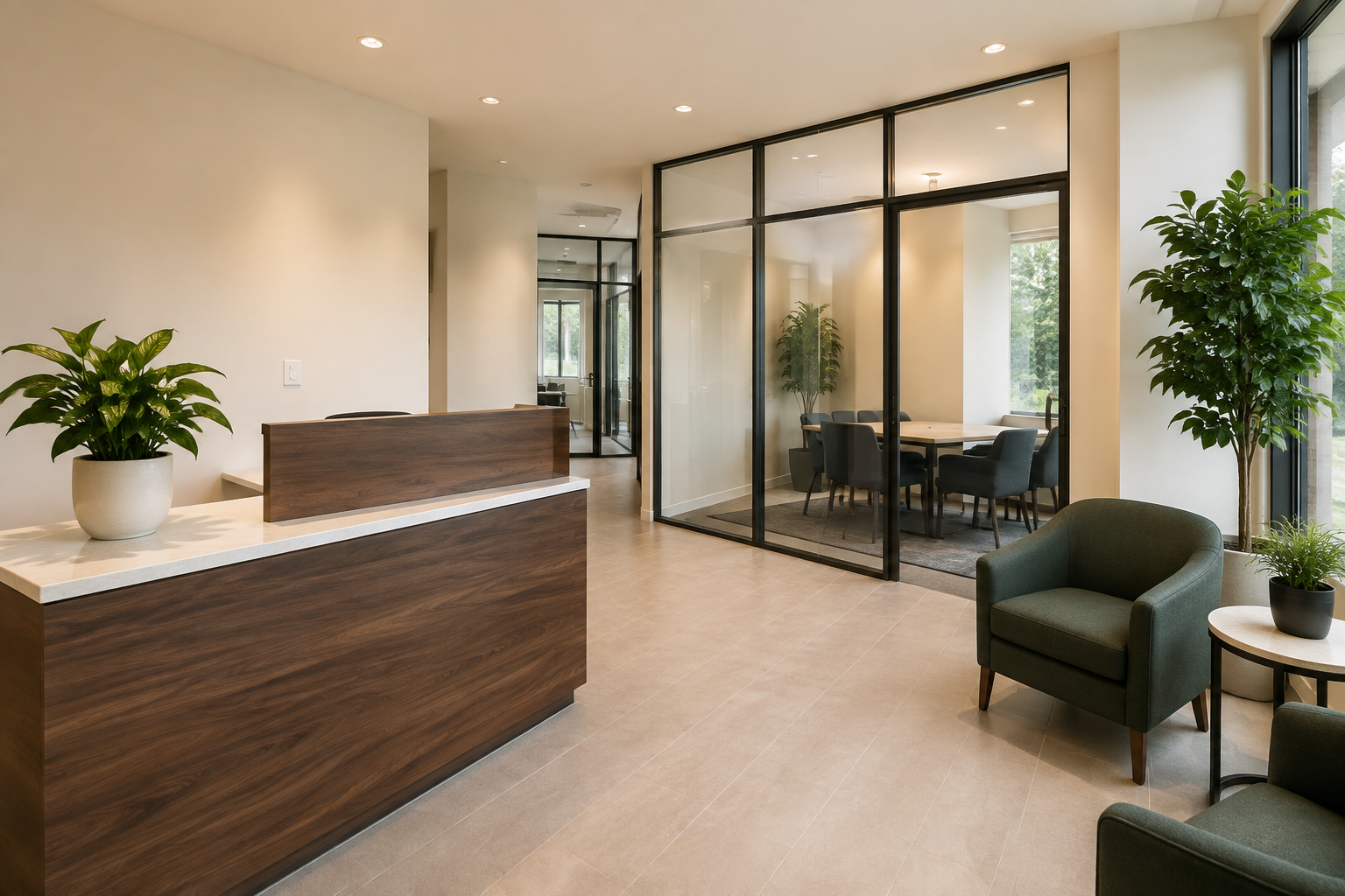 Clean, welcoming commercial reception area with warm wood and glass finishes